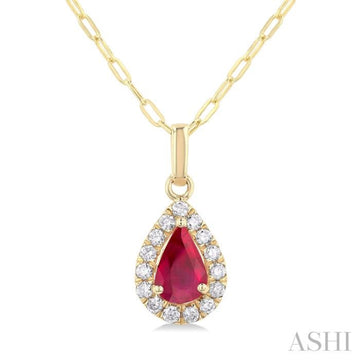 6x4 MM Pear Shape Ruby and 1/6 Ctw Round Cut Diamond Halo Precious Pendant with Chain in 14K Yellow Gold